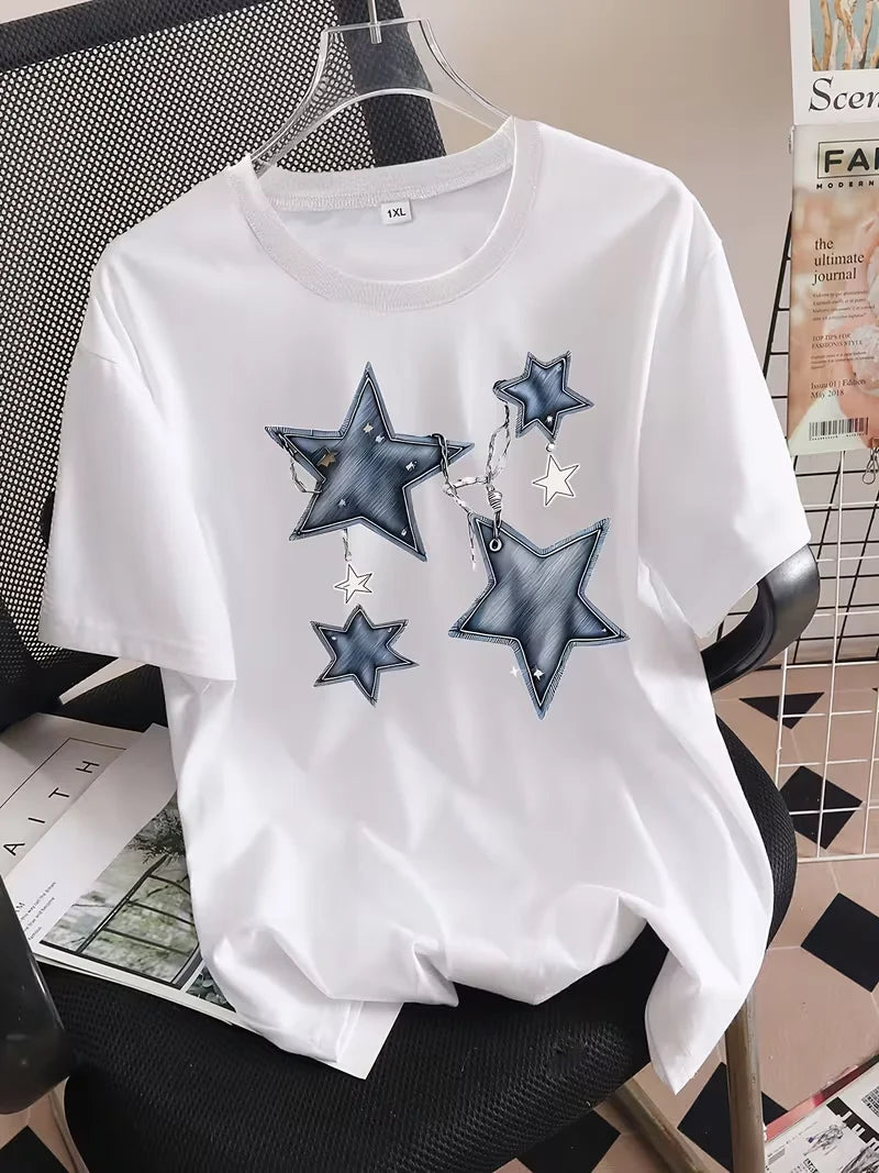 Women's T-shirt,Distressed Denim Star Print Graphic T-Shirt, Ca...