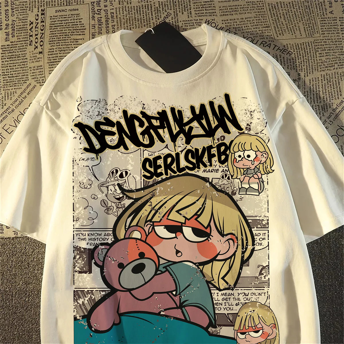 Korean cartoon retro printed short sleeved T-shirt, fashionable...