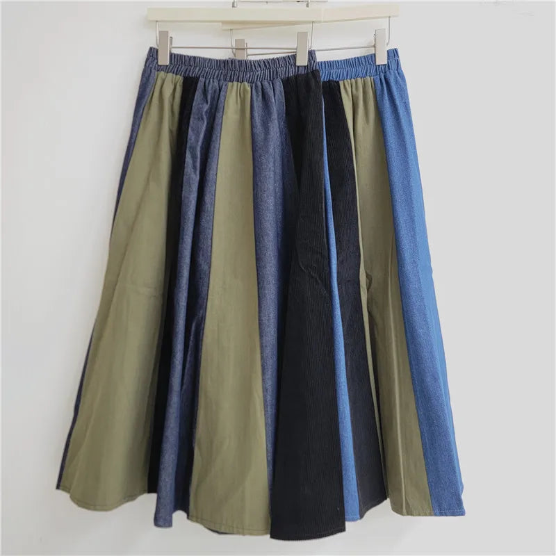 Retro Contrasting Color Plaid Splicing Skirt, Women's 2026 Autumn and Winter New High-waisted Versatile A-lime Big Swing Skirts