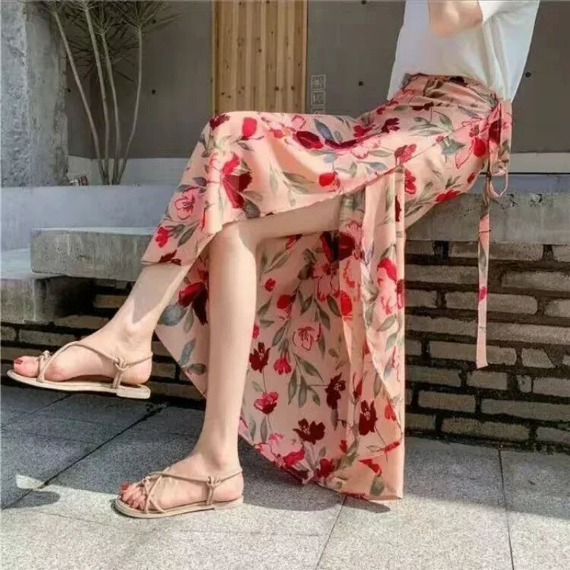 TOKITIND Wrap Skirts Women Casual Chiffon Tie-Waist Ruffle Wide Leg Loose
